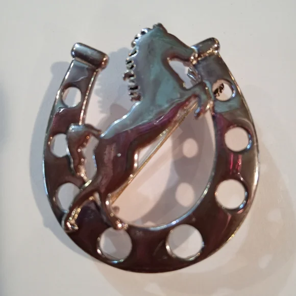 Beautiful Silver Pin Brooch Pendant Horse Stallion In Horseshoe Combo - Picture 3 of 7